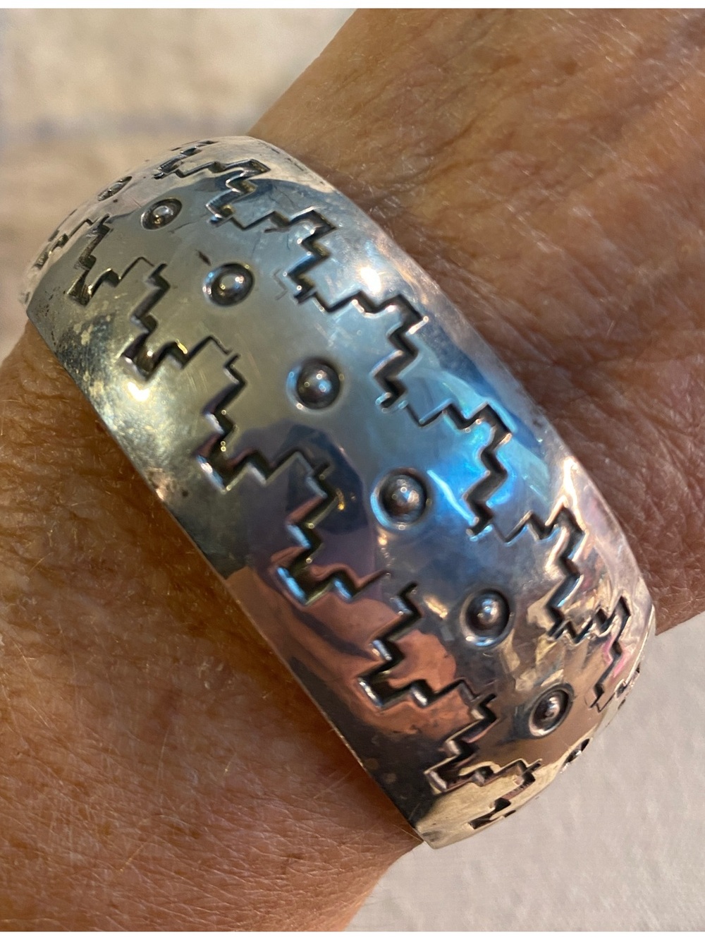 Vintage Sterling Silver Southwestern Cuff Bracelet Tracy Signed Wide